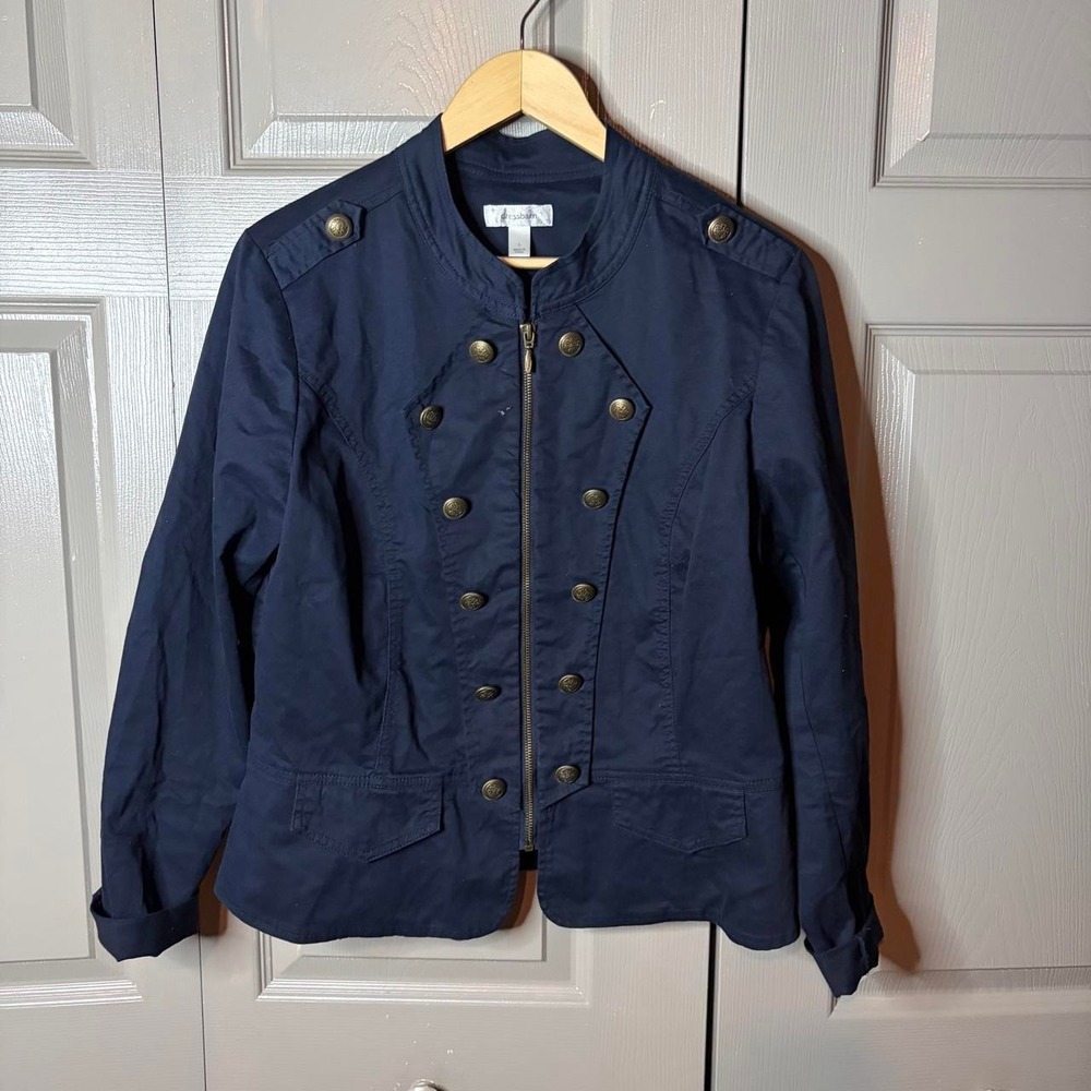 Dressbarn Womens Navy Blue Military Jacket Gold Buttons Zip Front Size L